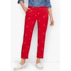 Talbots Relaxed Chinos Frenchie Critter Pants 12P Red Embroidered Dog Print